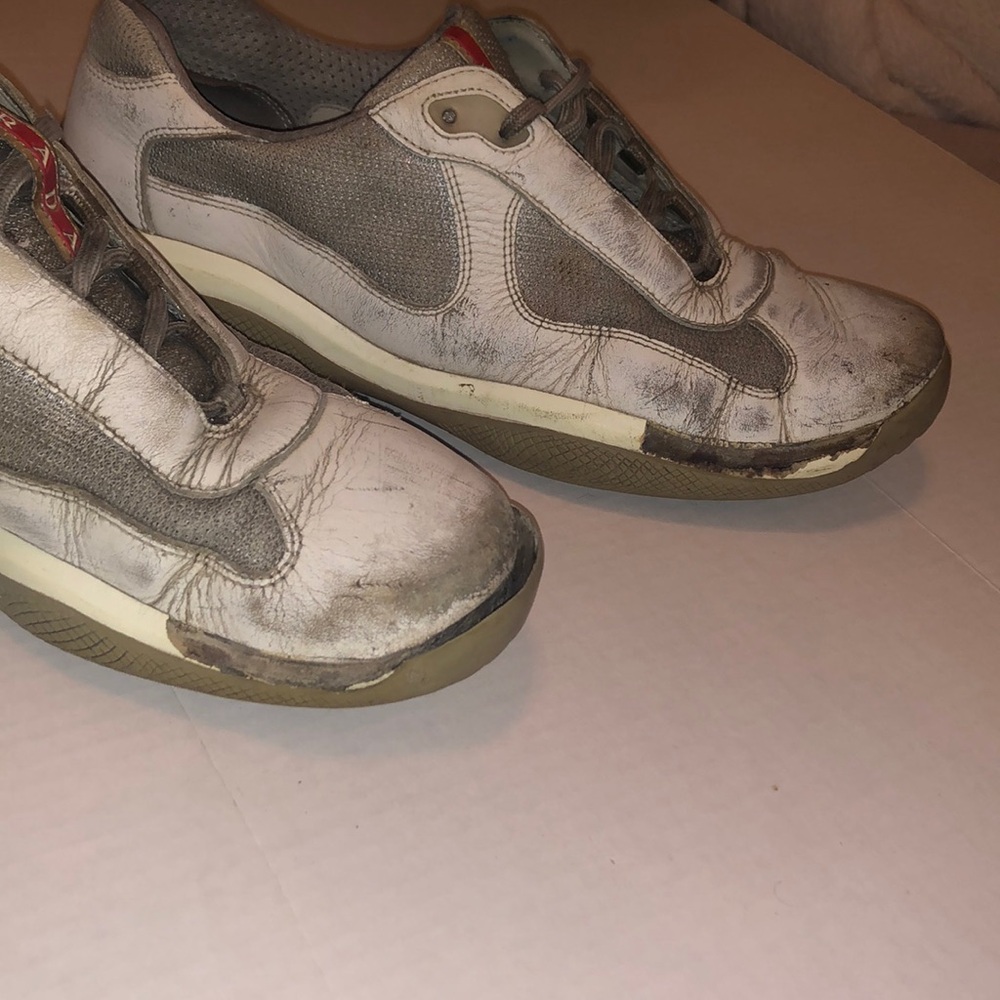 Prada Sneakers  Non-slip White Silver Calf Leather Distressed Used Pradas. - Picture 3 of 8